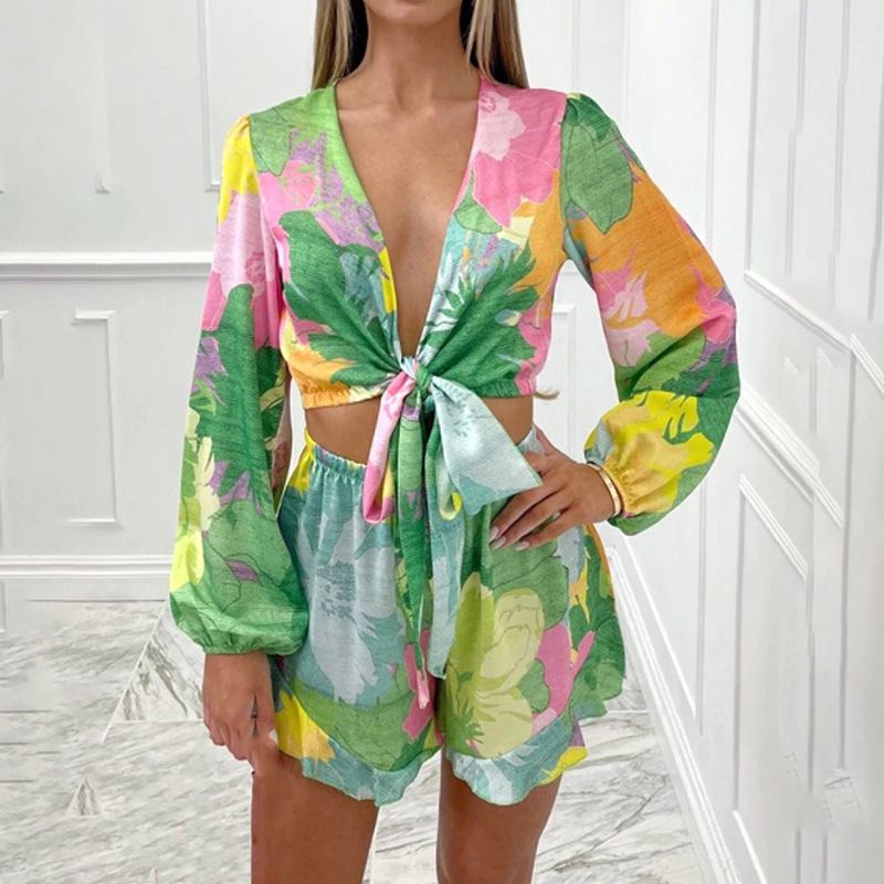 New Style Printed Cardigan Top Casual Shorts Two Piece Set_voghion.com