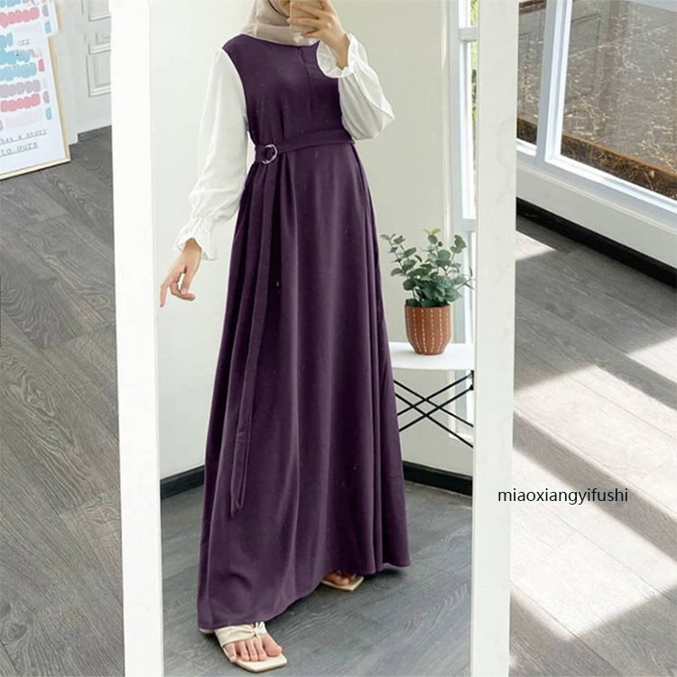 Frauen Eid Muslimischen Kleid Marokko Party Kleider Patchwork Dubai Kaftan Ramadan Islam Vestidos Arabischen Langarm Lose Abaya Gürtel_voghion.com