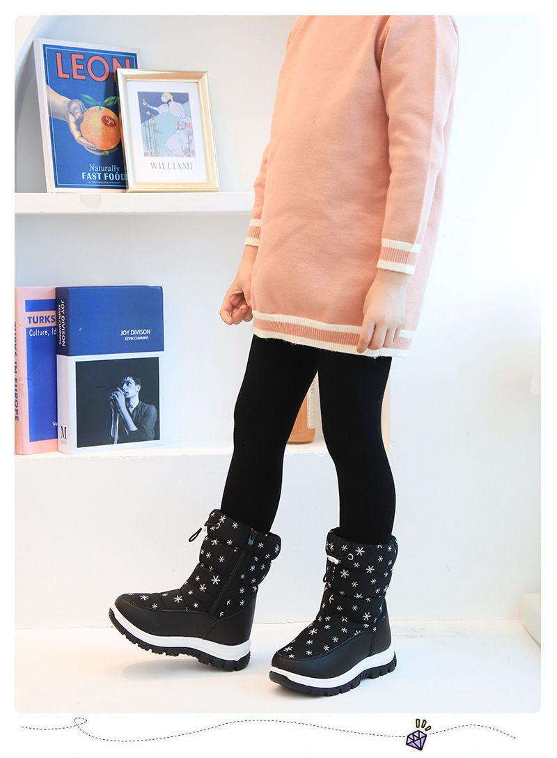2023 Winter neue Kinder Schneestiefel Schneeflocke hohe Röhre Kinder süße Mode Baumwollschuhe lässig weiche Unterseite warme Stiefel_voghion.com