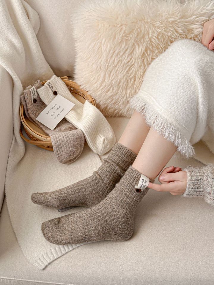 5shuang Button Wool Stockings Children's Medium Tube Socks Solid Color Thickened Warm Versatile Japanese Stacking Socks_voghion.com