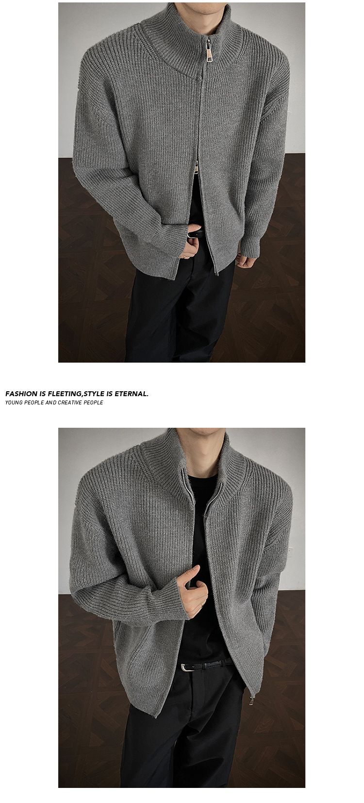 Unisex-Pullovermantel mit Stehkragen und Reißverschluss – Stilvolle Herbststrickmode mit schmaler Passform, Retro-Design und modischem Look_voghion.com