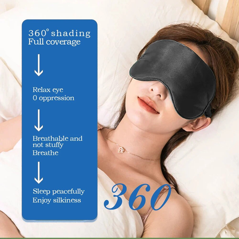 Maschera per dormire in raso, copertura per il riposo da viaggio, morbida ombreggiatura, benda per rilassarsi, pausa pranzo, notte, sonno, benda sull'occhio nera_voghion.com