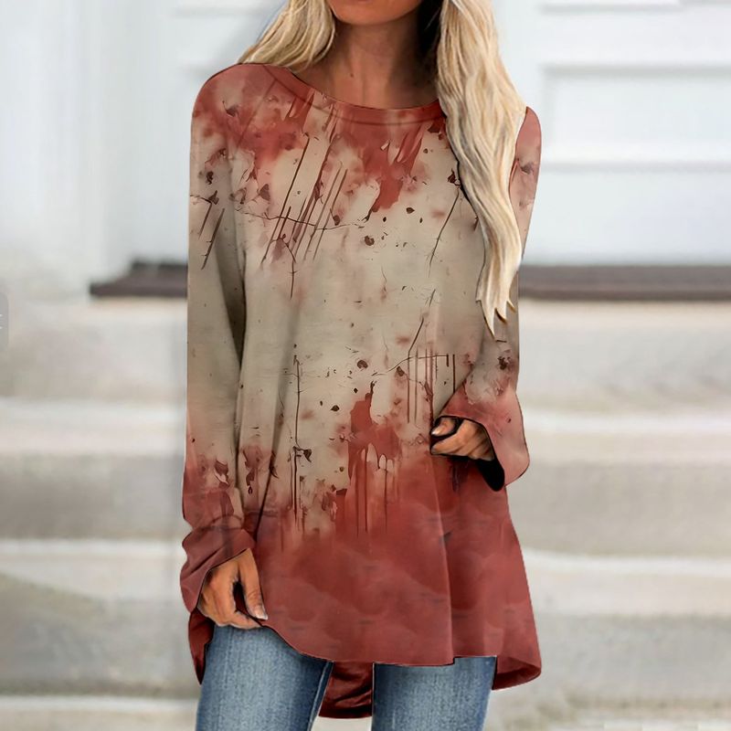 Women's Clothing Spring and Autumn V neck printed casual loose ladies tops_voghion.com