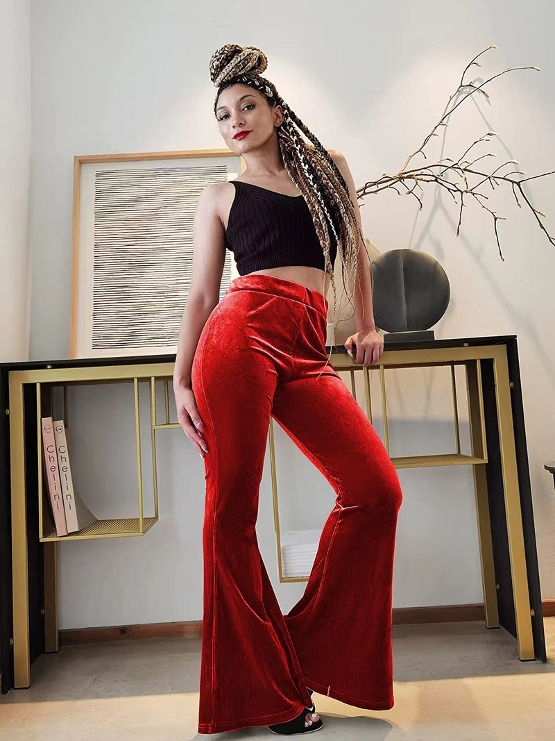 Pantaloni de damă din catifea, elastici, cu talie înaltă, tip clopot, casual, pentru femei_voghion.com