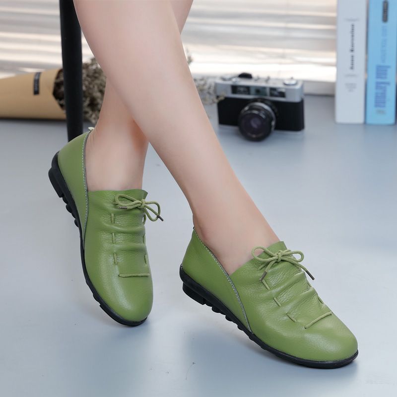 2025 Echtes Leder Atmungsaktiv Vielseitig Schnüren Casual frauen Flache Loafers Moccas_voghion.com