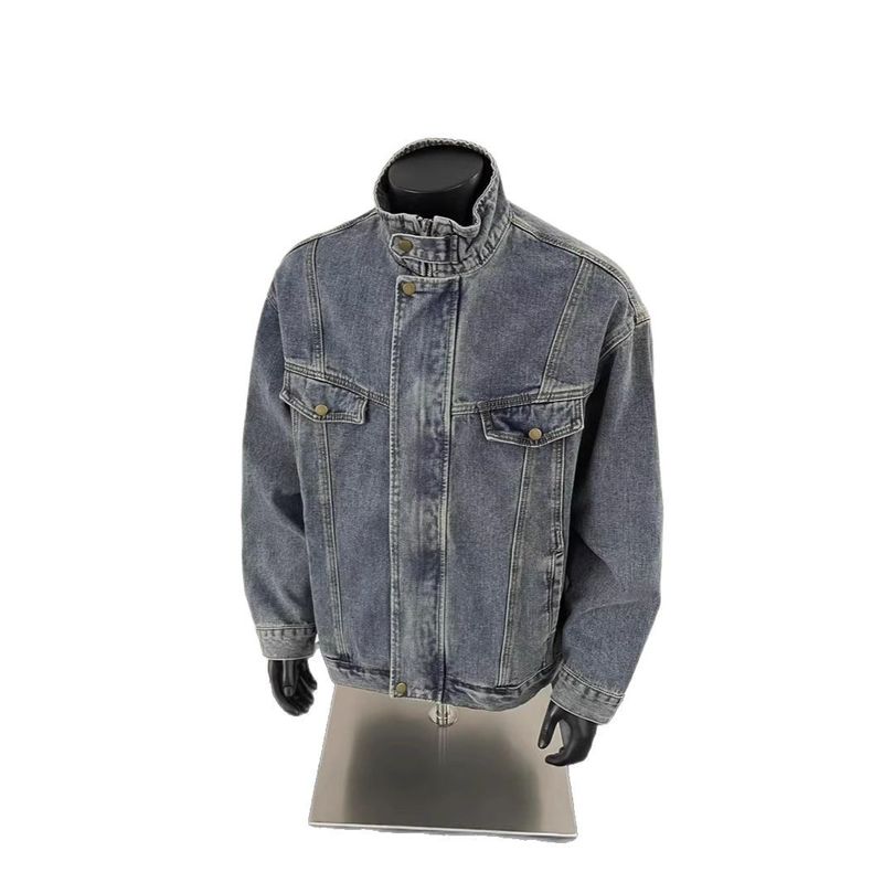 Frühlingsneue Denim-Herrenjacke mit strapazierfähigem, gewaschenem Stehkragen, lässig, locker, trendig, amerikanisches High-End-Sense-Oberteil_voghion.com
