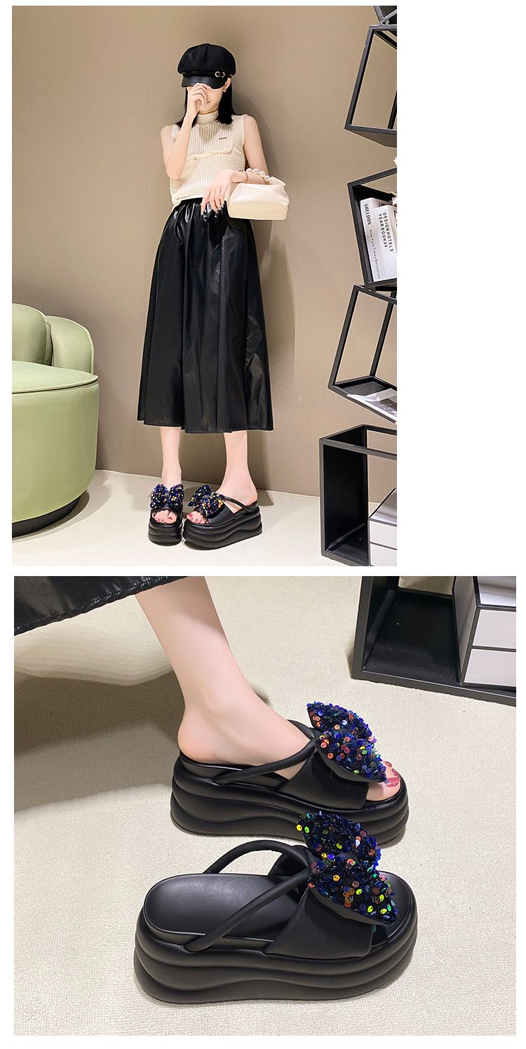 Sandálias de praia com lantejoulas e laço, sola grossa, moda verão, nova moda, bico redondo, tira única, chinelos para áreas externas_voghion.com