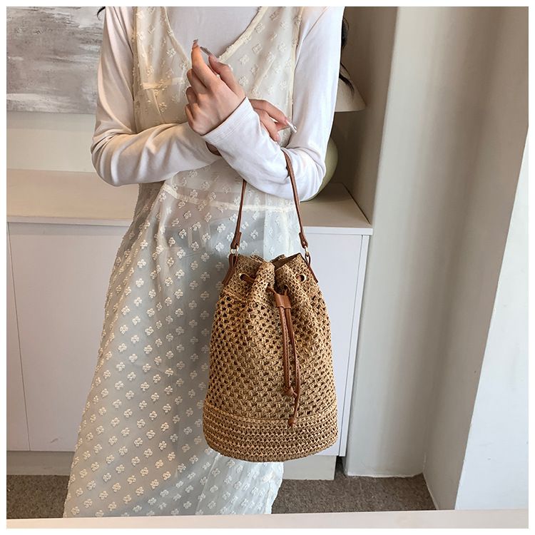 Borsa a secchiello da donna, borsa intrecciata, borsa a secchiello alla moda da donna, borsa di paglia, borsa da spiaggia, borsa a tracolla_voghion.com