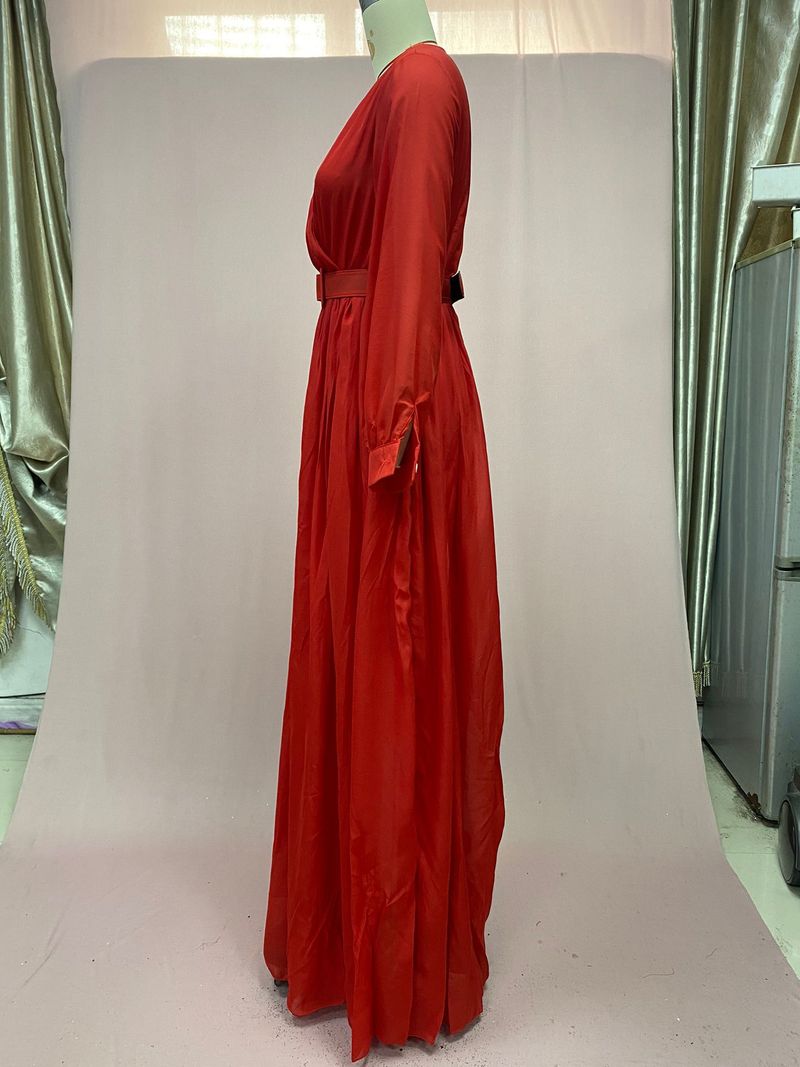 Vêtements pour femmes jaune taille haute slim couleur unie tempérament rétro mousseline de soie à manches longues robe longue_voghion.com