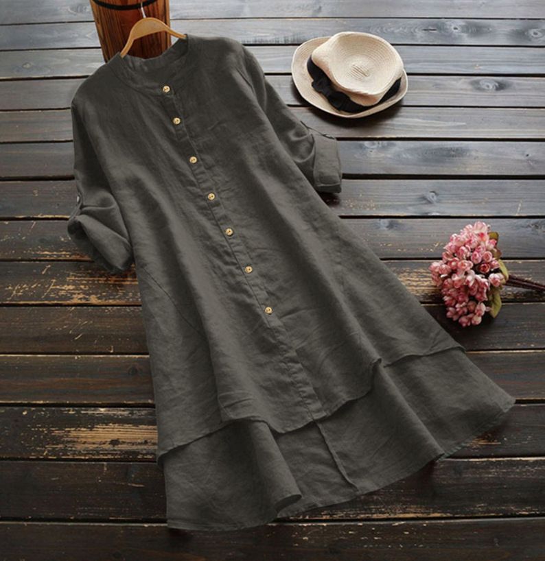 Women's Clothing Spring And Summer Solid Color Button Cotton And Linen Long Sleeve Long Shirt_voghion.com