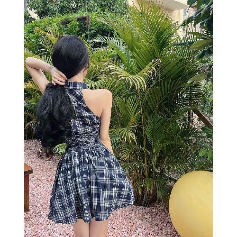 Französischer Nischen-Polokragen, ärmelloser V-Ausschnitt, Slip, Sommer, neues taillenformendes, schlankmachendes Hemdkleid-Set für heiße Mädchen_voghion.com