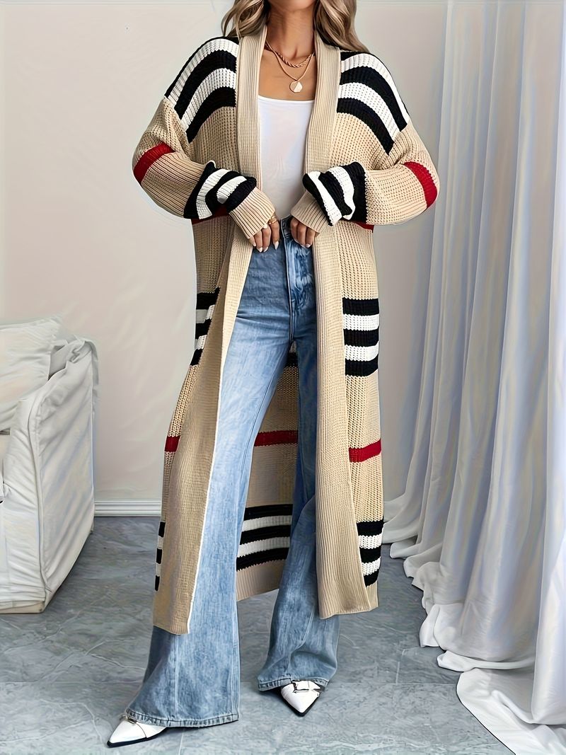 Soft Striped Knit Cardigan - Oversized Open Front Sweater With Color Block Design, Lightweight & Versatile For Women & Men_voghion.com