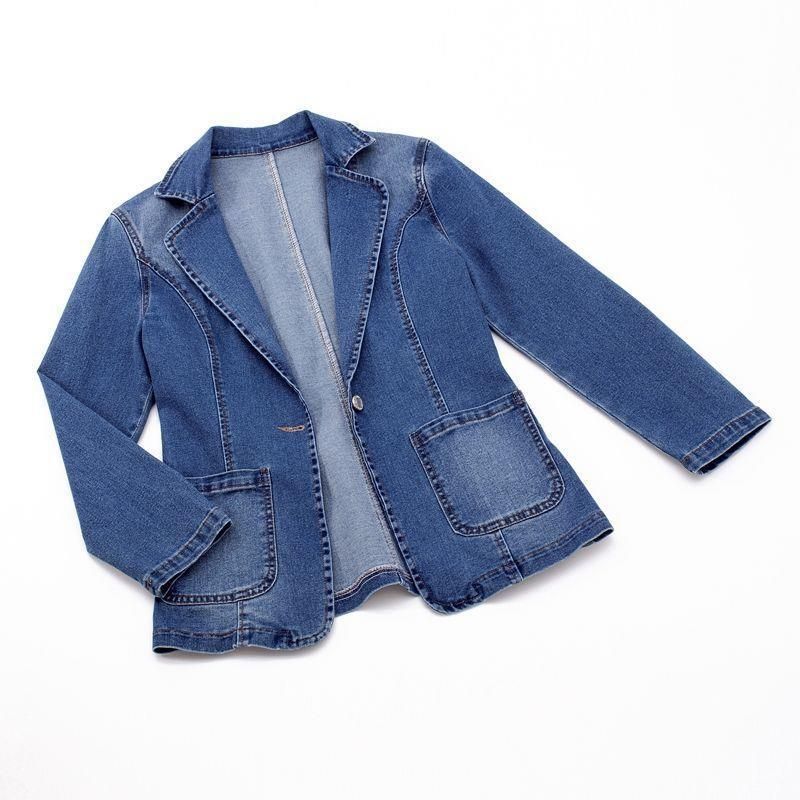 Women's Slim Fit Denim Blazer Jacket With Notched Lapel Single Button Open Front Casual Spring Autumn Coat_voghion.com