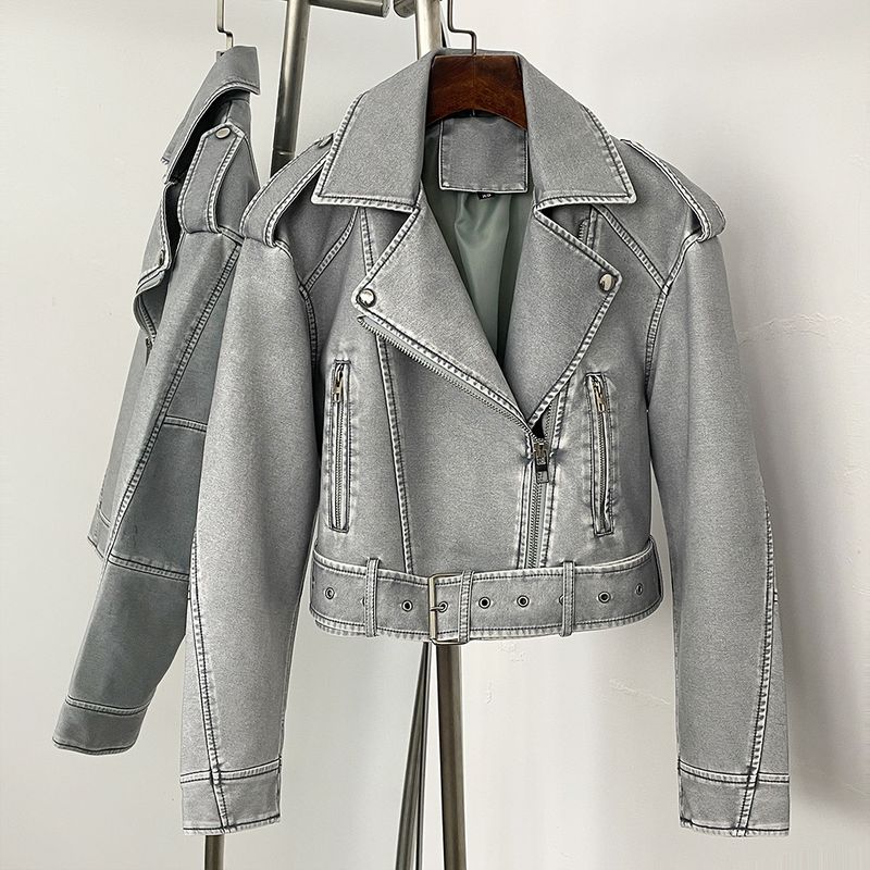 Trendige PU-Lederjacke für Damen, kurzer Mantel im Biker-Stil, modische, lockere Passform, lässige Oberbekleidung mit Reißverschluss in Schwarz, Aschgrau, Olivgrün, Himmelblau, Mandarine_voghion.com