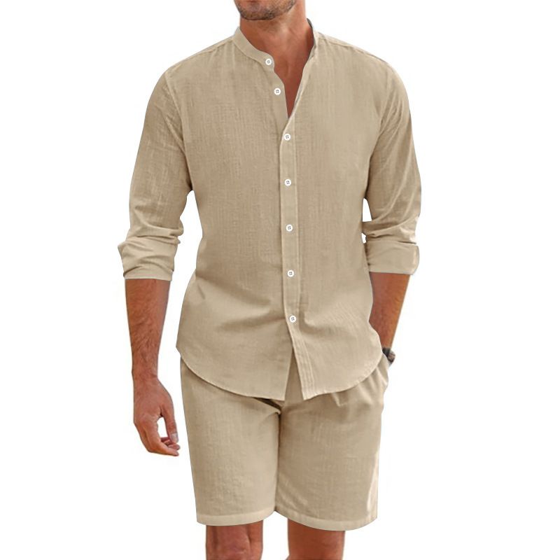 Adatto a tutte le stagioni, camicia da uomo in lino con bottoni, pantaloncini a maniche lunghe, cardigan, semplice e casual, completo da spiaggia._voghion.com