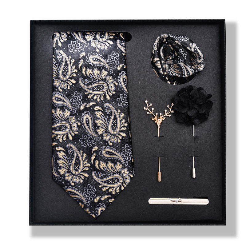 Set da uomo alla moda in tinta unita a righe con anacardi, confezione regalo da 6 pezzi, set con corsetto con fermacravatta e sciarpa quadrata_voghion.com