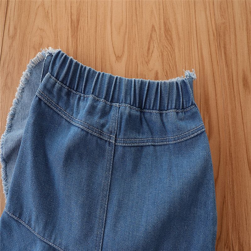 Grenzüberschreitende Kinderkleidung für Kinder im Frühlings- und Sommerstil, modischer Chiffon-One-Shoulder-Trompetenärmel-Top-Jeansrock-Mädchenanzug_voghion.com