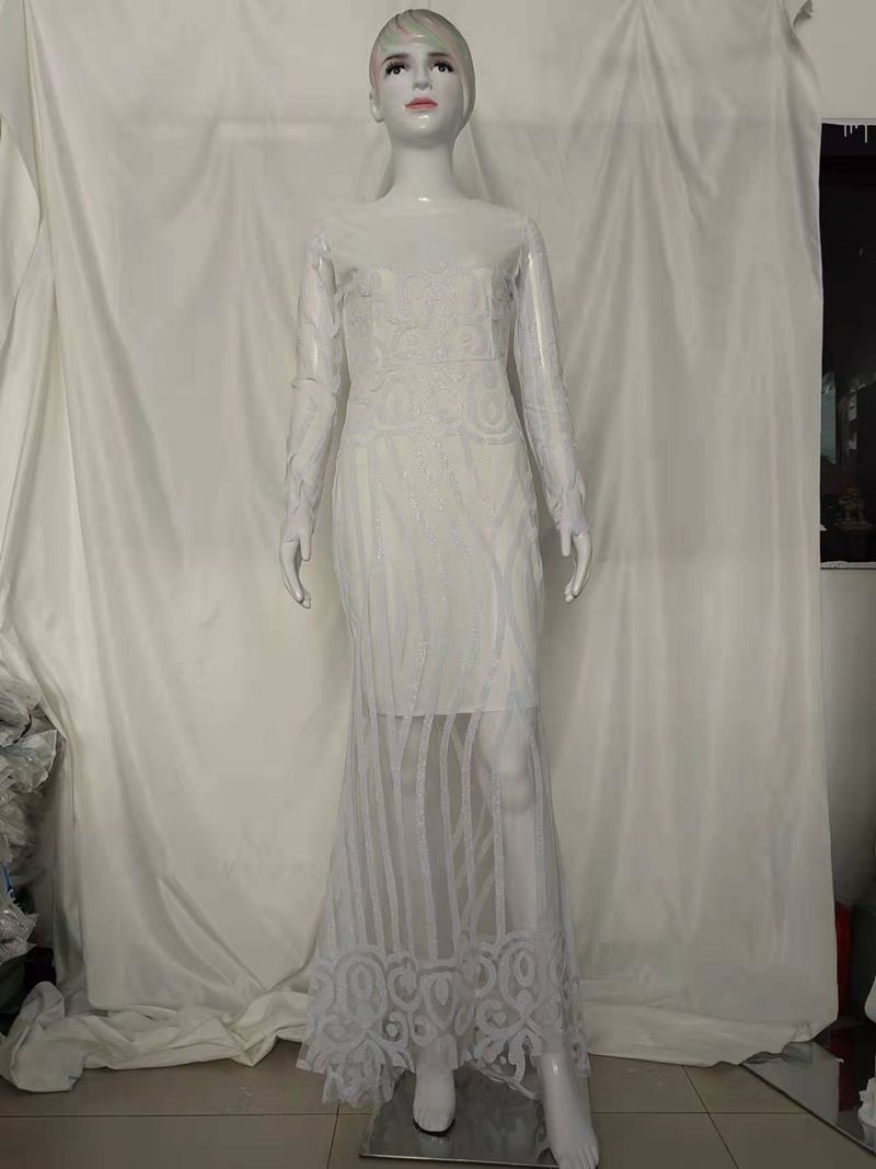 Women's sexy white long sleeve maxi evening dress_voghion.com