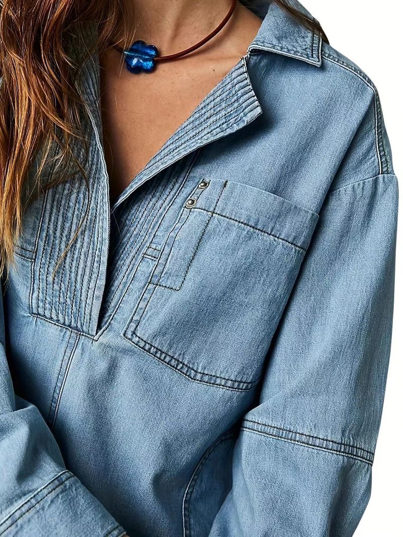 Klassiek denim overhemd met omslagkraag - Comfortabel katoenen casual top voor mannen en vrouwen (meerdere kleuren en maten)_voghion.com
