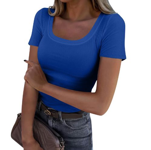 Maglietta estiva da donna a maniche corte, girocollo basso, in maglia a coste, vestibilità slim, casual_voghion.com