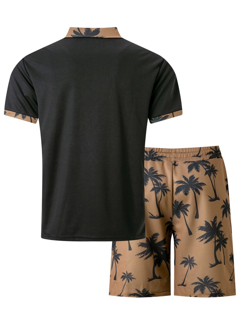 2-piece Men's Summer Holiday Style Outfit Set Short Sleeve Zip Golf Shirt & Waist Drawstring Shorts With Pockets Beach Resorts_voghion.com