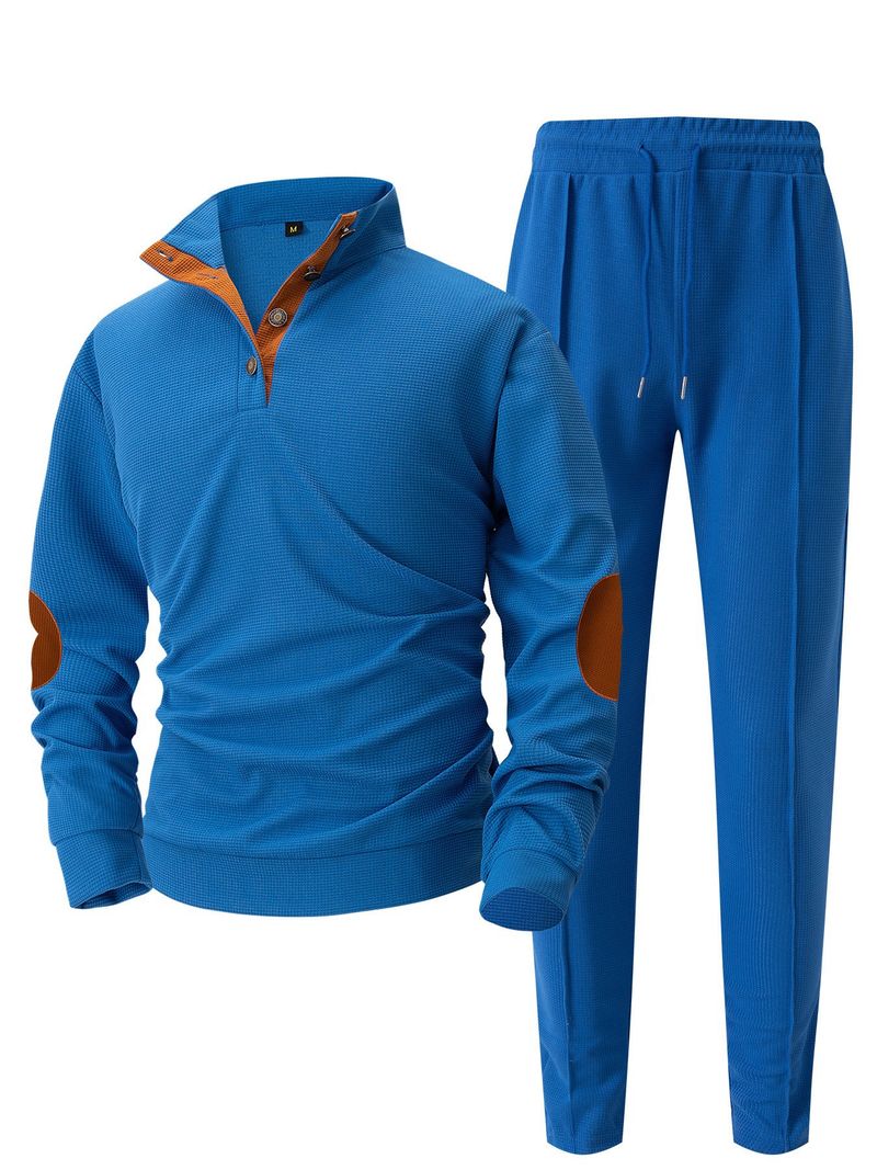 Traje de sudadera de manga larga con cuello alto y botones, coderas y pantalones de estilo americano para hombre, otoño_voghion.com