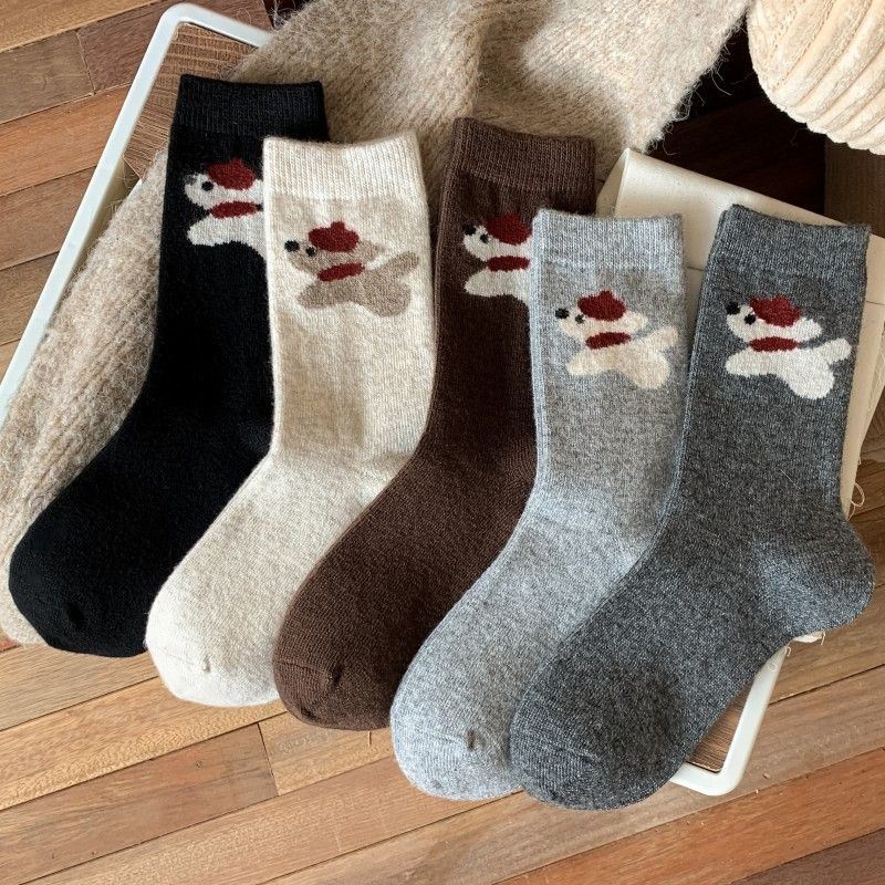 Calzini da donna color caffè senza cuciture, stile giapponese, caldi e spessi, a metà polpaccio, in lana, autunno e inverno, con simpatici cartoni animati, modello cucciolo_voghion.com