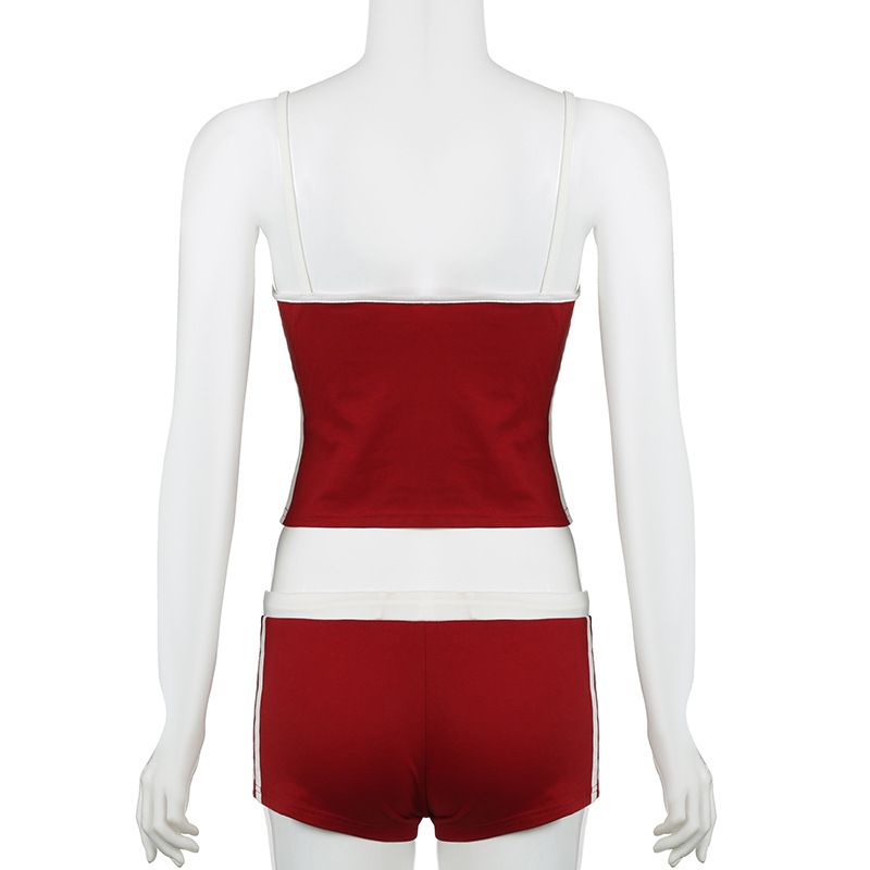 Tuta sportiva americana 2024 con cuciture a contrasto, da donna, con scollo a U, bretelle piccole e coulisse, con lettere ricamate_voghion.com