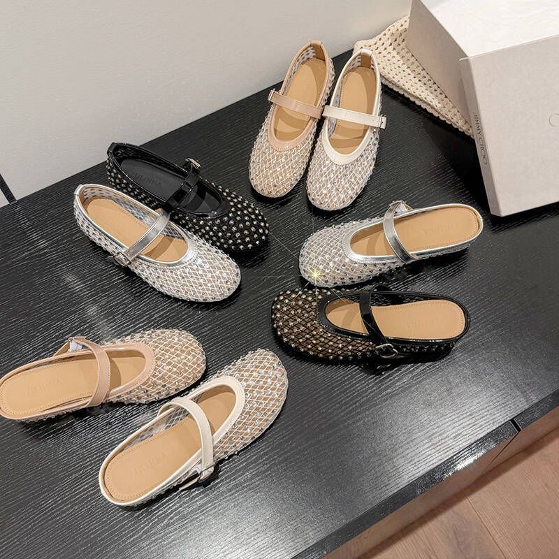 Sapatos femininos de malha com fundo plano e cabeça redonda, novos sapatos de verão 2025, moda centenária requintada_voghion.com