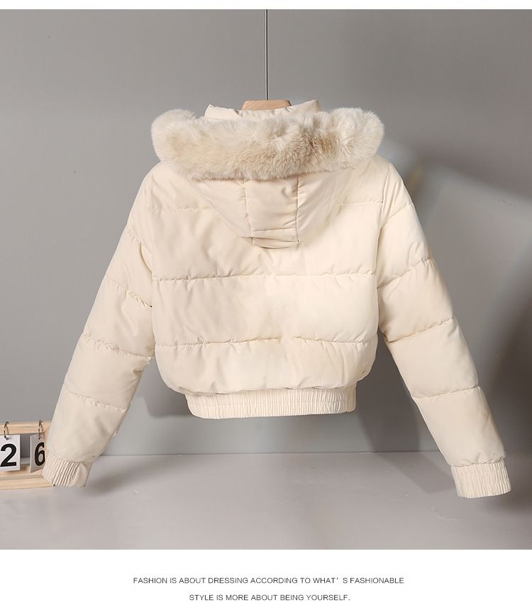 Piumino corto da donna con cappuccio e bordo in pelliccia sintetica - Caldo cappotto invernale foderato in pile per capispalla casual e di piccola taglia, nei colori nero/beige/kaki/marrone_voghion.com
