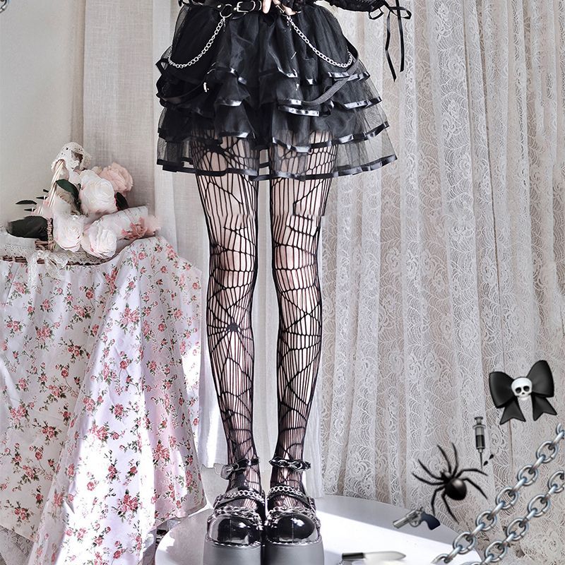 Spinnennetz Dark Style Halloween Fischnetz Frauen Sexy Ton Schöne Beine Schwarze Strümpfe Hohl Lolita Niedlich_voghion.com