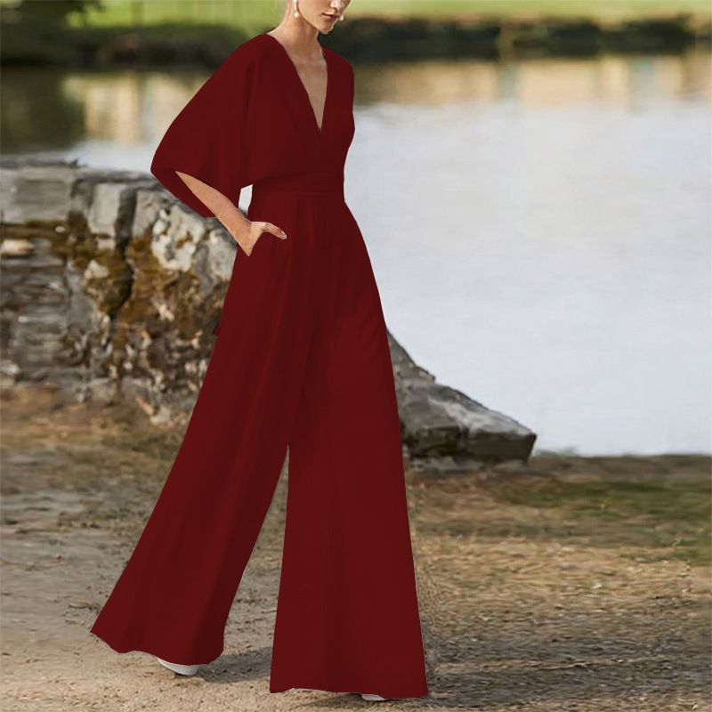 Damesjurk Jumpsuit Hot Sale Diepe V-broek met hoge taille en wijde pijpen_voghion.com