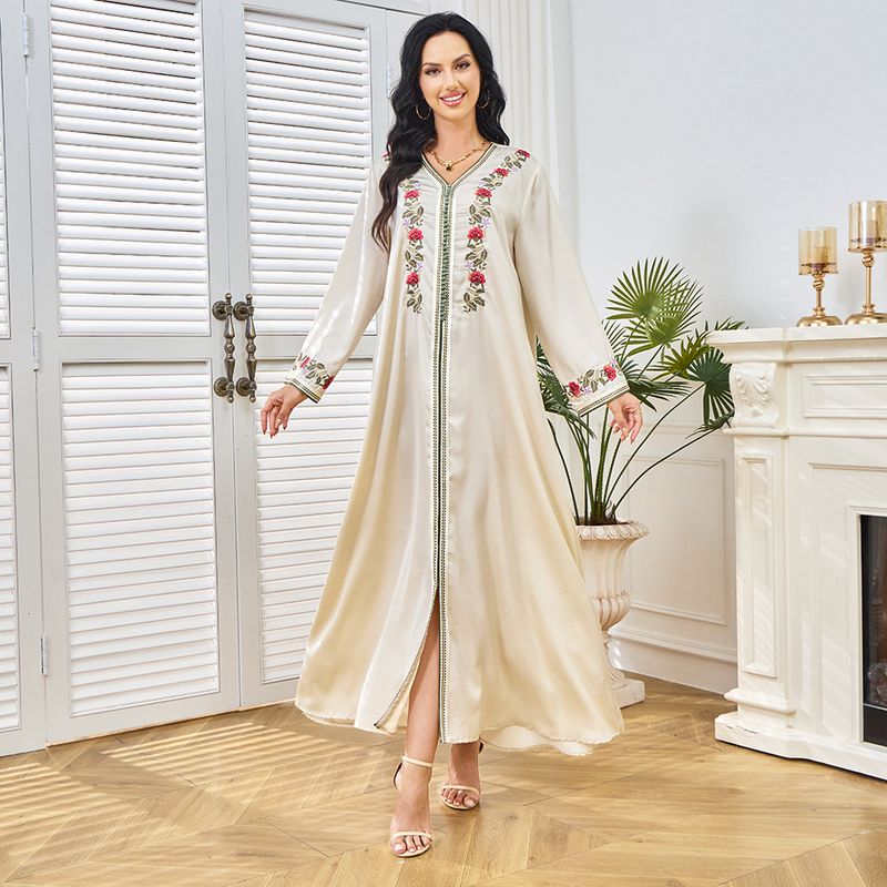 Dubai Türkiye Solid Summer New Embroidery Robe Bottom Split Dress_voghion.com