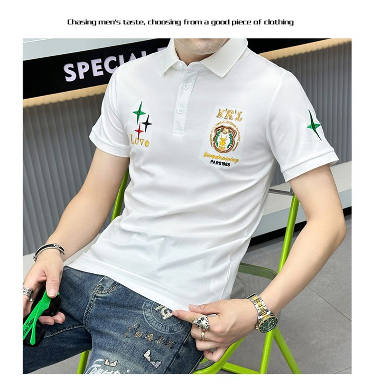 Europeisk exklusiv pikétröja för män Trendigt märke Business Casual Mångsidig broderi Trend Slim Fit Ice Silk Lapel Short_voghion.com