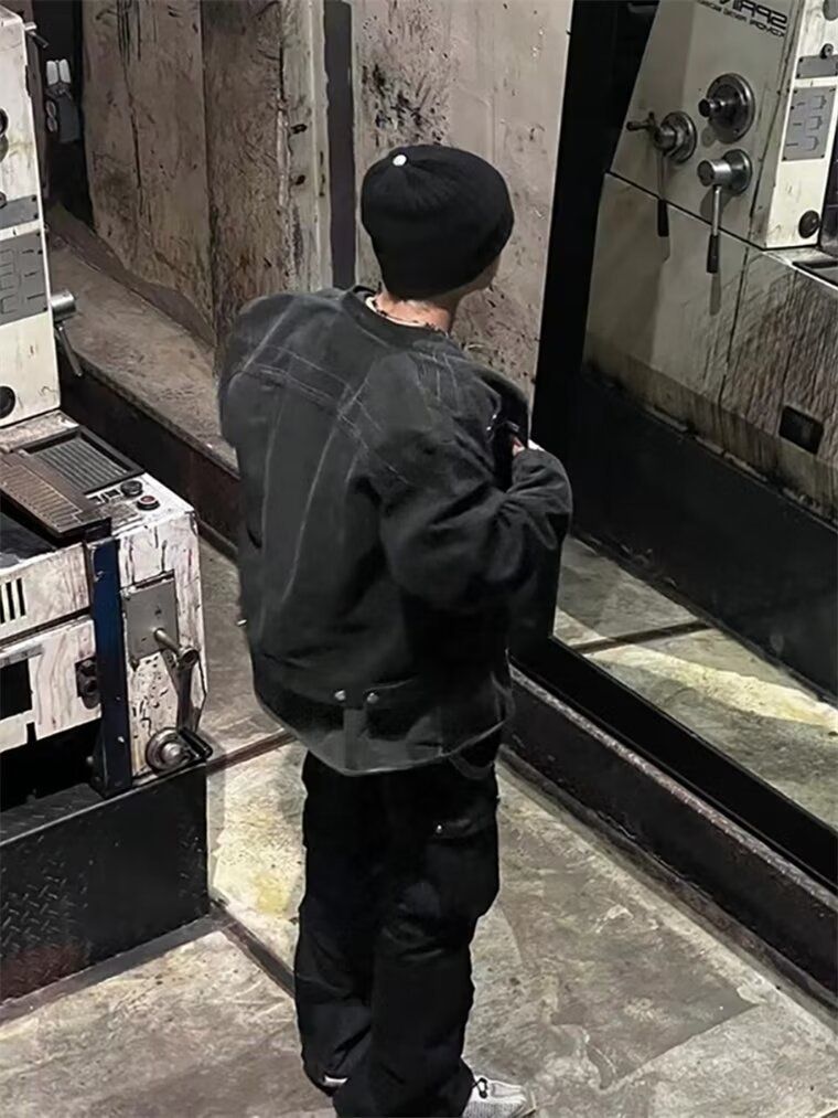 Herrenbekleidung Retro Distressed Washed Kurze Denim-Trainingsdesign-Schulterjacke_voghion.com