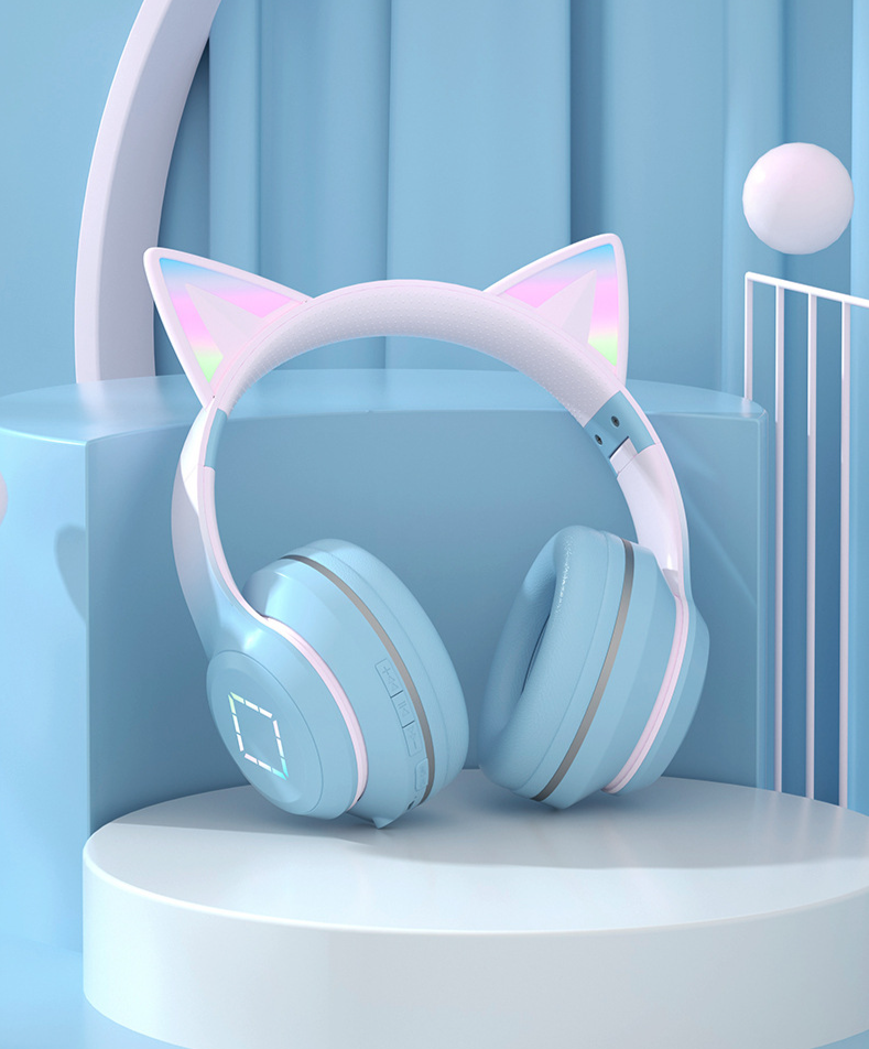 Cuffie wireless montate sulla testa con orecchie di gatto luminose, Bluetooth DR57, con batteria a lunga durata e colori sfumati_voghion.com