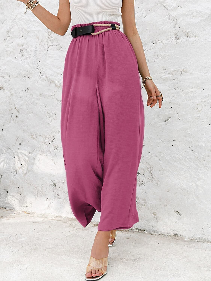 Pantaloni larghi casual a vita alta da donna in cotone e lino tinta unita a vita alta_voghion.com