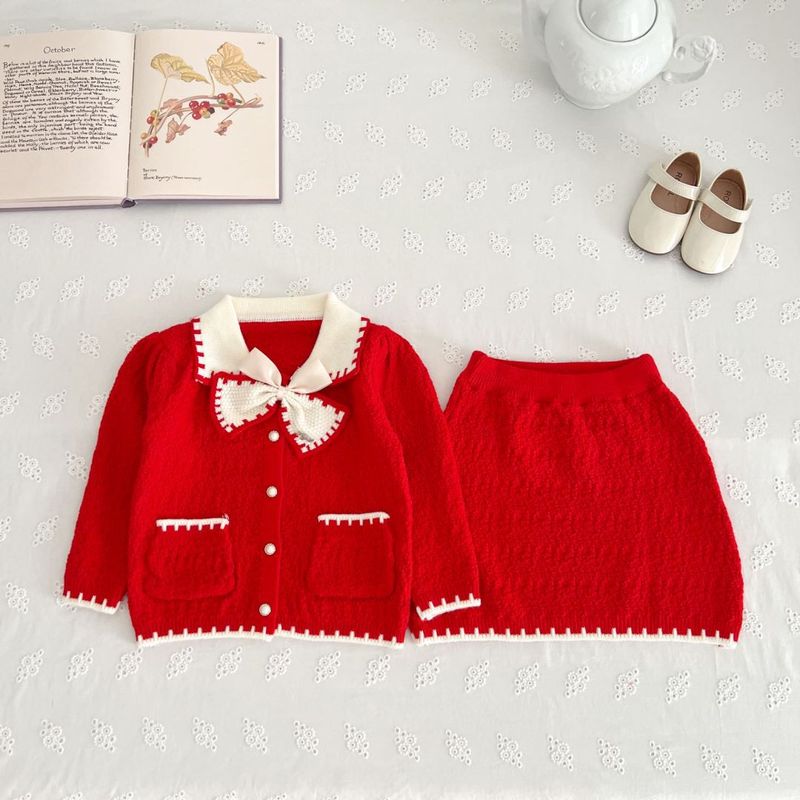 Ropa para niños Ropa para niños Otoño e invierno 2024 Nuevo estilo Niña dulce Lazo Abrigo Falda Cárdigan de punto para niños_voghion.com