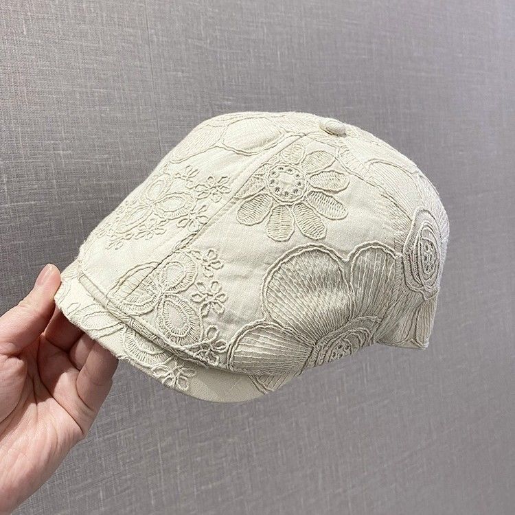 Thin Embroidered Flower Forward Cap For Women, Spring And Summer New Versatile Face-Slimming Duckbill Beret, Breathable_voghion.com