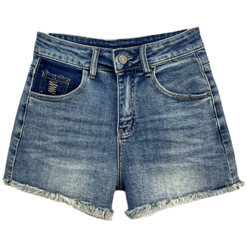 Pantaloncini in denim sfilacciati a vita alta alla moda color-block per donna 2023 estate nuovi lavati larghi a trapezio con risvolto a gamba larga_voghion.com