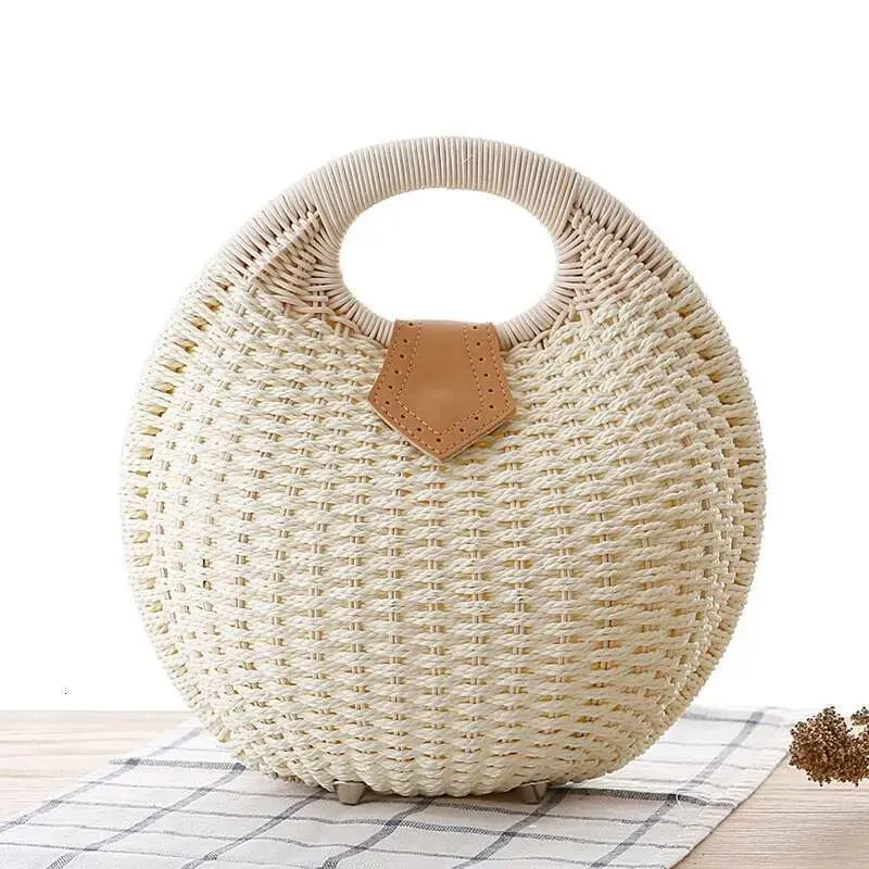 Borse in rattan: borsa rotonda con manico superiore in tessuto naturale intrecciato - borsa da spiaggia estiva bohémien, pochette alla moda_voghion.com