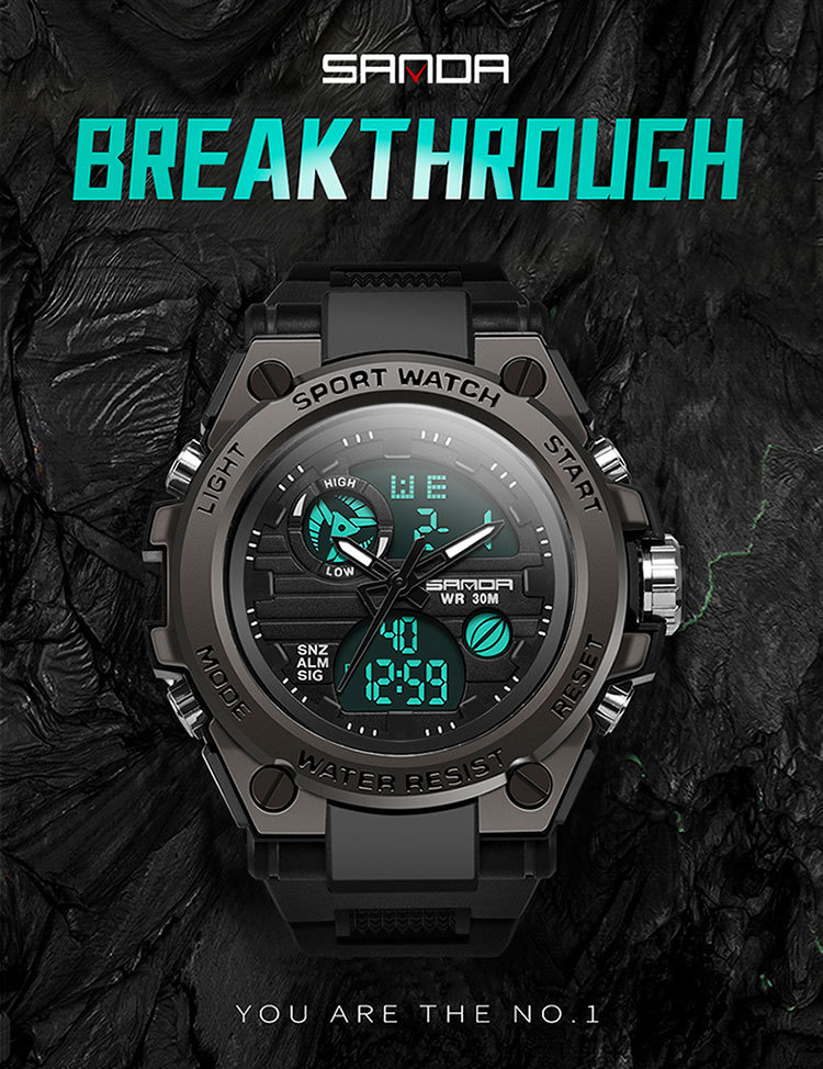 Sanda 739 montre électronique étanche multifonctionnelle à double affichage pour étudiant masculin avec grand cadran Sanda_voghion.com