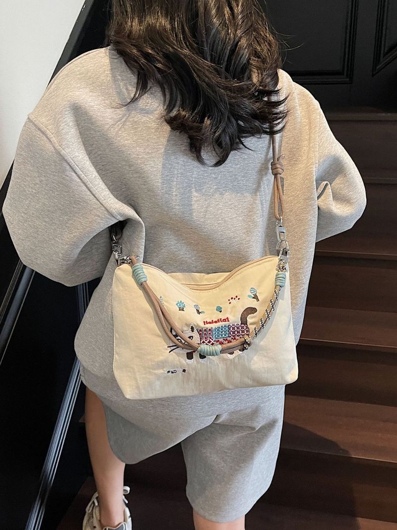 Heavy Embroidered Cat Nylon Tote For Women, Casual Outdoor Commuter Crossbody Bag, Versatile Shoulder Bag_voghion.com