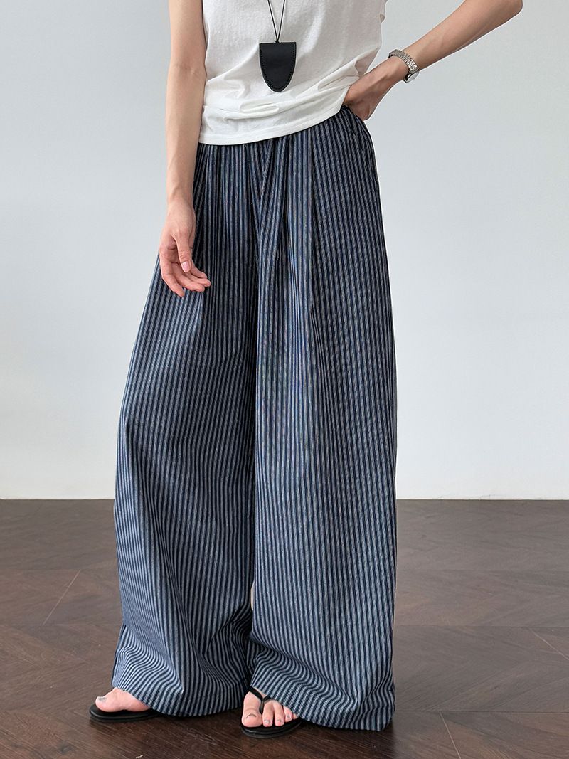 Korean Style Vertical Striped Wide Leg Pants For Women - High Waist Loose Fit Long Trousers, Summer Cotton Lazy Casual Pants_voghion.com