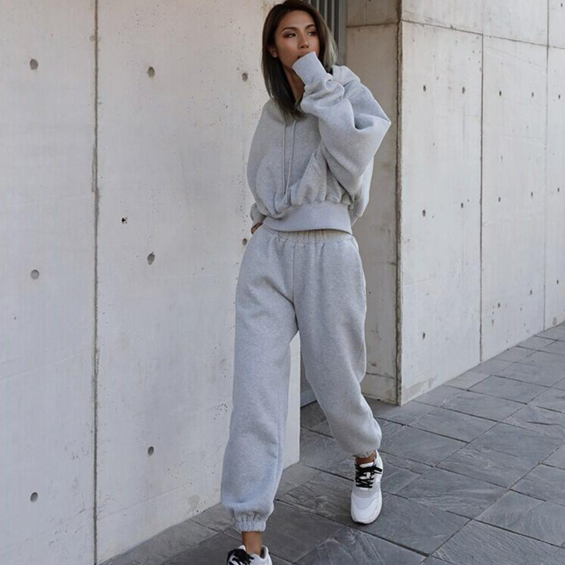 Completo da donna in due pezzi, felpa con cappuccio, pantaloni, top spessi a maniche lunghe, pullover, tasche, pantaloni a vita media, tuta sportiva_voghion.com