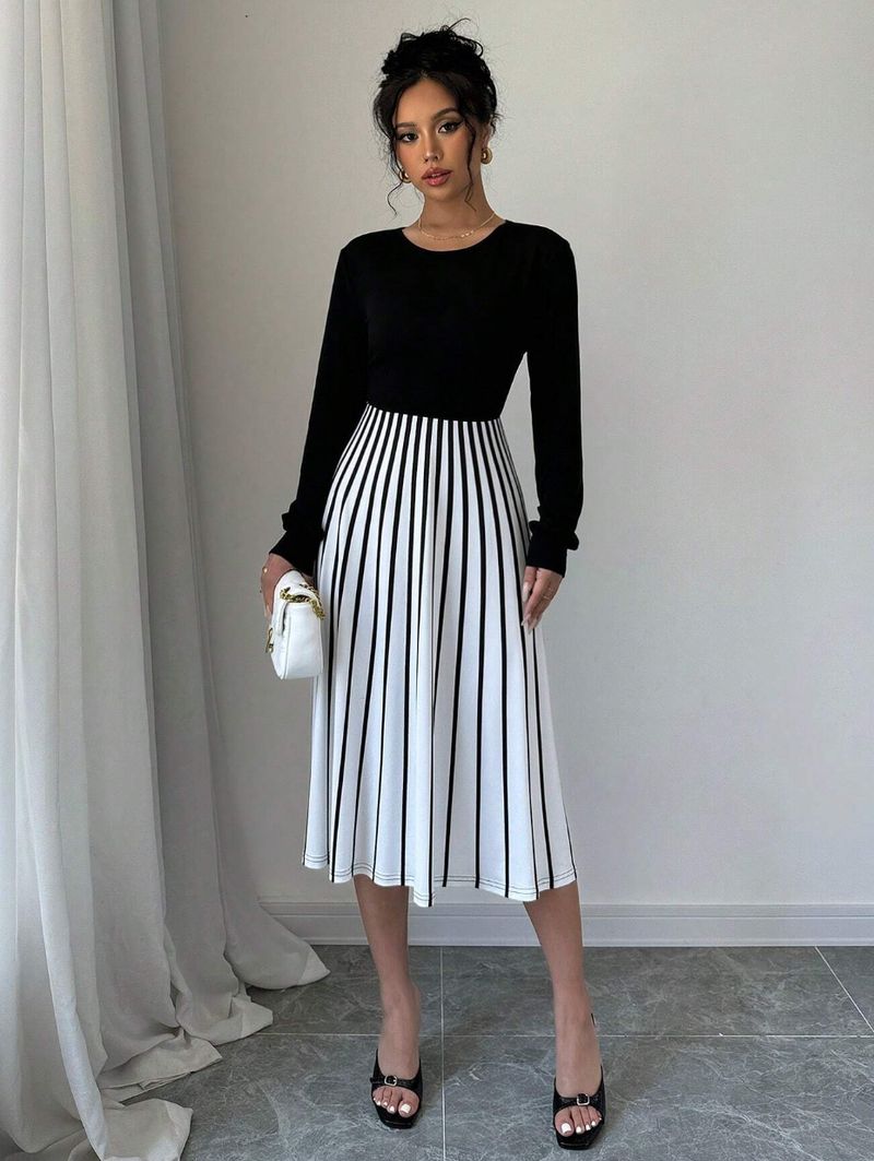 Elegantes gestreiftes Maxikleid für Damen – Sommerkleid mit Laternenärmeln (atmungsaktives Gewebe, fließendes Design, Boho-Chic-Stil)_voghion.com