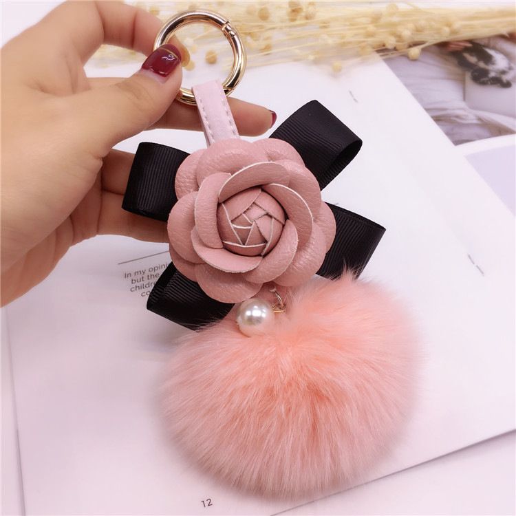 Korean Creative Bowknot Camellia Keychain Bag Pendant Women's Fox Fur Ball Key Ring Fashion Accessory_voghion.com