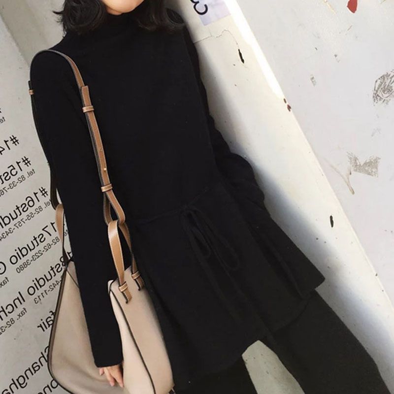 Maglione tinta unita autunno inverno moda maglia top con lacci pantaloni a gamba larga set due pezzi_voghion.com