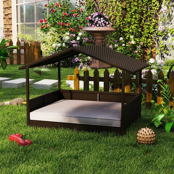 PawHut Wicker Dog Bed Outdoor Elevated With Rattan Canopy Cushioned PE Rattan Dog Cat House Sleeping Pad Cream_voghion.com
