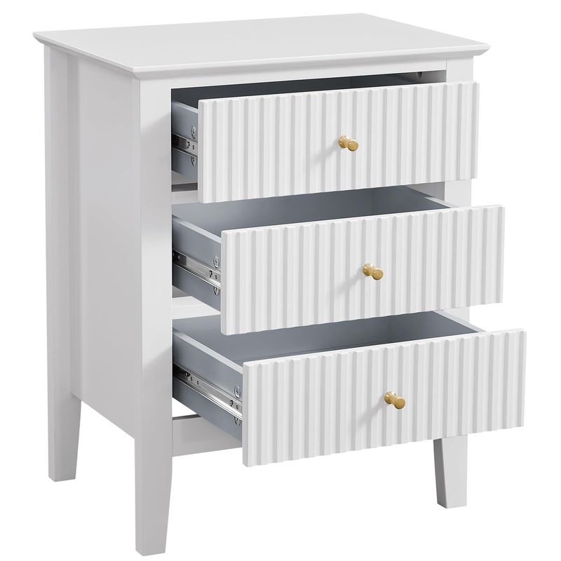 conifferism White Bed Side Table With 3 Drawers 19" W, Bedroom Nightstand 24" H,Vintage Modern Night Stand,Living Room Fluted End Bedside Tables_voghion.com